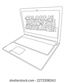 One continuous line of Laptop with Colossal Software Developer word. Thin Line Illustration vector concept. Contour Drawing Creative ideas.