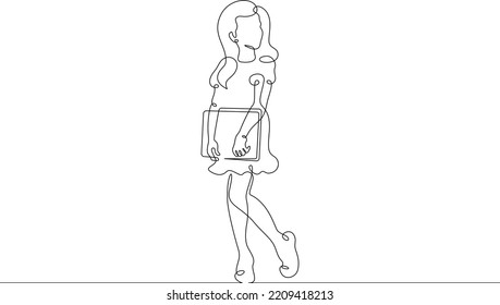 One continuous line.Kid with a laptop. Education of children. The child is standing with a tablet. A child with a closed laptop in his hands. One continuous line is drawn on a white background.