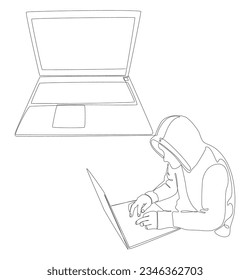 One continuous line of Laptop with Hacker. Thin Line Illustration vector concept. Contour Drawing Creative ideas.