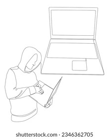 One continuous line of Laptop with Hacker. Thin Line Illustration vector concept. Contour Drawing Creative ideas.