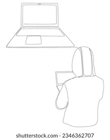 One continuous line of Laptop with Hacker. Thin Line Illustration vector concept. Contour Drawing Creative ideas.