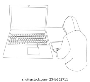One continuous line of Laptop with Hacker. Thin Line Illustration vector concept. Contour Drawing Creative ideas.