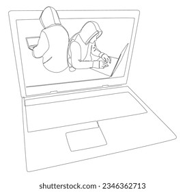 One continuous line of Laptop with Hacker. Thin Line Illustration vector concept. Contour Drawing Creative ideas.