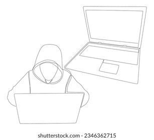 One continuous line of Laptop with Hacker. Thin Line Illustration vector concept. Contour Drawing Creative ideas.