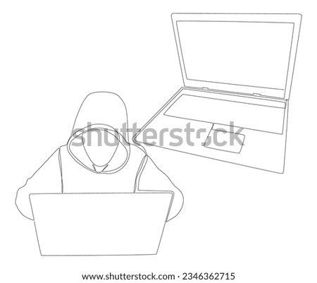 One continuous line of Laptop with Hacker. Thin Line Illustration vector concept. Contour Drawing Creative ideas.