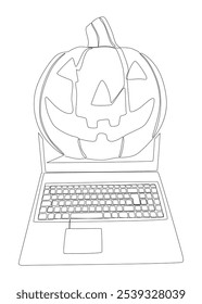 Uma linha contínua de Laptop com abóbora Halloween. Conceito de vetor de Ilustração de Linha Fina. Jack O' Lantern e Notebook Contorno Desenho ideias criativas.