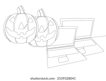 Una línea continua de portátil con calabaza de Halloween. Concepto de Vector de ilustración de línea delgada. Jack O' Lantern y Notebook Contour Dibujo Ideas creativas.