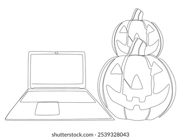 Una línea continua de portátil con calabaza de Halloween. Concepto de Vector de ilustración de línea delgada. Jack O' Lantern y Notebook Contour Dibujo Ideas creativas.