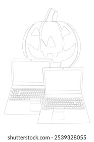 Uma linha contínua de Laptop com abóbora Halloween. Conceito de vetor de Ilustração de Linha Fina. Jack O' Lantern e Notebook Contorno Desenho ideias criativas.