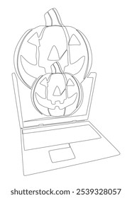 Una línea continua de portátil con calabaza de Halloween. Concepto de Vector de ilustración de línea delgada. Jack O' Lantern y Notebook Contour Dibujo Ideas creativas.