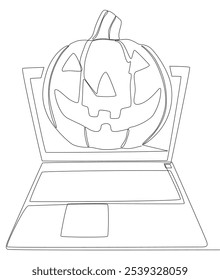 Una línea continua de portátil con calabaza de Halloween. Concepto de Vector de ilustración de línea delgada. Jack O' Lantern y Notebook Contour Dibujo Ideas creativas.