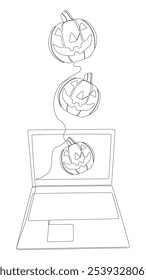 Una línea continua de portátil con calabaza de Halloween. Concepto de Vector de ilustración de línea delgada. Jack O' Lantern y Notebook Contour Dibujo Ideas creativas.