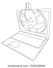 Una línea continua de portátil con calabaza de Halloween. Concepto de Vector de ilustración de línea delgada. Jack O' Lantern y Notebook Contour Dibujo Ideas creativas.