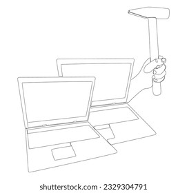 One continuous line of Laptop with Hammer. Thin Line Illustration vector concept. Contour Drawing Creative ideas.