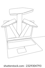 Una línea continua de portátil con martillo. Concepto vectorial de Ilustración de líneas delgadas. Contour Drawing Ideas Creativas.