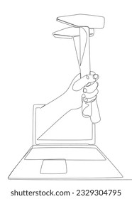 One continuous line of Laptop with Hammer. Thin Line Illustration vector concept. Contour Drawing Creative ideas.