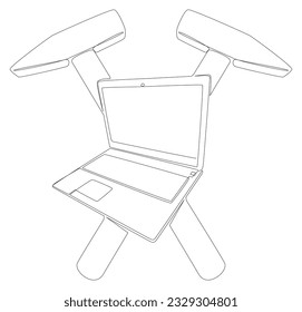 Una línea continua de portátil con martillo. Concepto vectorial de Ilustración de líneas delgadas. Contour Drawing Ideas Creativas.