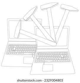 One continuous line of Laptop with Hammer. Thin Line Illustration vector concept. Contour Drawing Creative ideas.