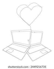 Eine durchgehende Linie von Laptop mit Herz. In: Thin Line Illustration Vektorgrafik Concept. Konturzeichnung Kreative Ideen.