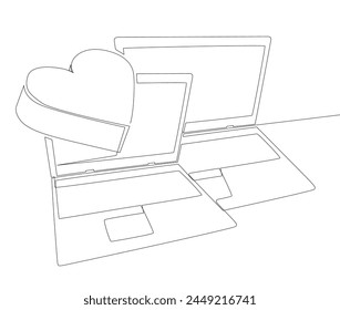 One continuous line of Laptop with Heart. Thin Line Illustration vector concept. Contour Drawing Creative ideas.
