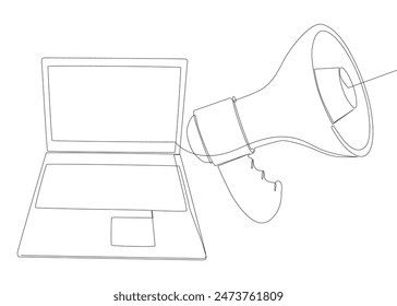 One continuous line of Laptop with Megaphone. Thin Line Illustration vector concept. Contour Drawing Creative ideas.