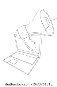 One continuous line of Laptop with Megaphone. Thin Line Illustration vector concept. Contour Drawing Creative ideas.