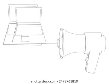 One continuous line of Laptop with Megaphone. Thin Line Illustration vector concept. Contour Drawing Creative ideas.