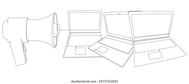 One continuous line of Laptop with Megaphone. Thin Line Illustration vector concept. Contour Drawing Creative ideas.