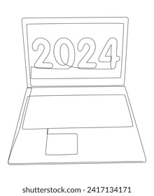 One continuous line of Laptop with number 2024. Thin Line Illustration vector concept. Contour Drawing Creative ideas.