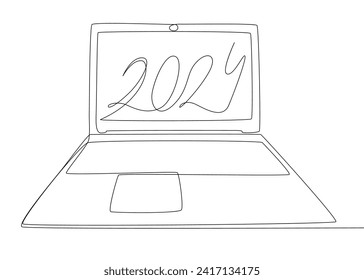 One continuous line of Laptop with number 2024. Thin Line Illustration vector concept. Contour Drawing Creative ideas.
