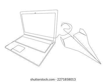 One continuous line of Laptop and Paper Airplane . Thin Line Illustration vector concept. Contour Drawing Creative ideas.