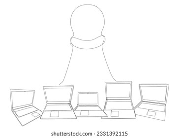 One continuous line of Laptop with pawn, chess piece. Thin Line Illustration vector concept. Contour Drawing Creative ideas.