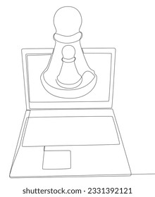 One continuous line of Laptop with pawn, chess piece. Thin Line Illustration vector concept. Contour Drawing Creative ideas.