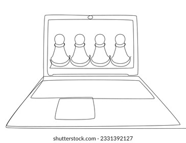 One continuous line of Laptop with pawn, chess piece. Thin Line Illustration vector concept. Contour Drawing Creative ideas.