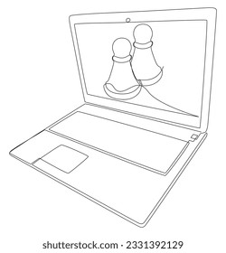 One continuous line of Laptop with pawn, chess piece. Thin Line Illustration vector concept. Contour Drawing Creative ideas.