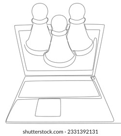One continuous line of Laptop with pawn, chess piece. Thin Line Illustration vector concept. Contour Drawing Creative ideas.