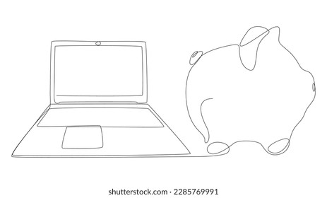 One continuous line of Laptop with Piggy Bank. Thin Line Illustration vector concept. Contour Drawing Creative ideas.