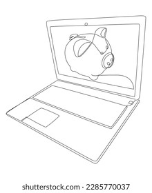 Una línea continua de portátil con Piggy Bank. Concepto vectorial de Ilustración de líneas delgadas. Contour Drawing Ideas Creativas.