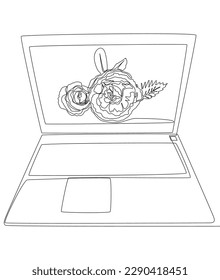 One continuous line of Laptop with rose. Thin Line Illustration vector concept. Contour Drawing Creative ideas.