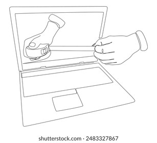 One continuous line of Laptop with Ruler tape. Thin Line Illustration vector concept. Contour Drawing Creative ideas.