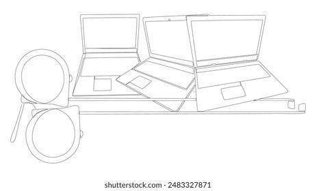 One continuous line of Laptop with Ruler tape. Thin Line Illustration vector concept. Contour Drawing Creative ideas.