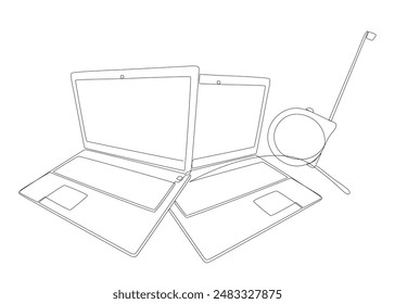 One continuous line of Laptop with Ruler tape. Thin Line Illustration vector concept. Contour Drawing Creative ideas.