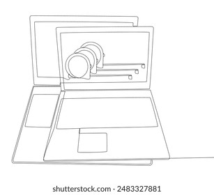 One continuous line of Laptop with Ruler tape. Thin Line Illustration vector concept. Contour Drawing Creative ideas.