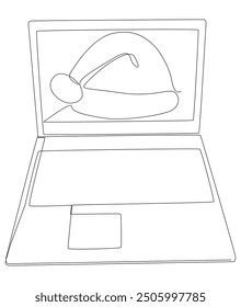 One continuous line of Laptop with Santa Claus Hat. Thin Line Illustration vector concept. Contour Drawing Creative ideas.