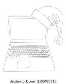One continuous line of Laptop with Santa Claus Hat. Thin Line Illustration vector concept. Contour Drawing Creative ideas.