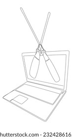 One continuous line of Laptop with Screwdriver. Thin Line Illustration vector concept. Contour Drawing Creative ideas.