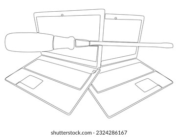 One continuous line of Laptop with Screwdriver. Thin Line Illustration vector concept. Contour Drawing Creative ideas.
