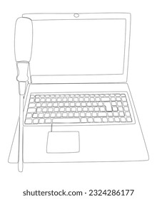 One continuous line of Laptop with Screwdriver. Thin Line Illustration vector concept. Contour Drawing Creative ideas.