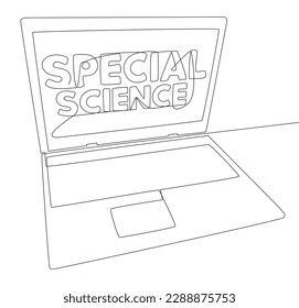 Una línea continua de portátil con la palabra Ciencia especial. Concepto vectorial de Ilustración de líneas delgadas. Contour Drawing Ideas Creativas.