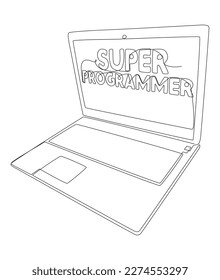 One continuous line of Laptop with Super Programmer word. Thin Line Illustration vector concept. Contour Drawing Creative ideas.